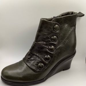 Miz Mooz Ankle Boot 36 Bottons Green Leather Wedge Heel Steam Punk Vic…